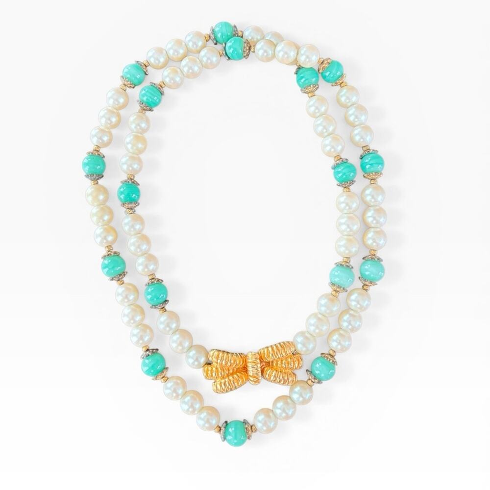 Mimi di N Gold plated Bow Pearl & Turquoise Bead Double Strand Necklace